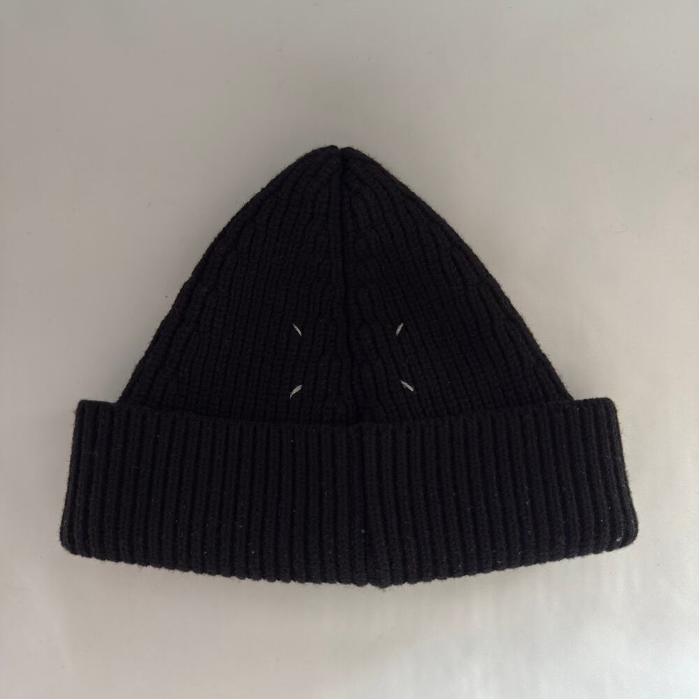 Maison Margiela 14 Four Stitches Ribbed Knit Wool Beanie Black Made in Italy